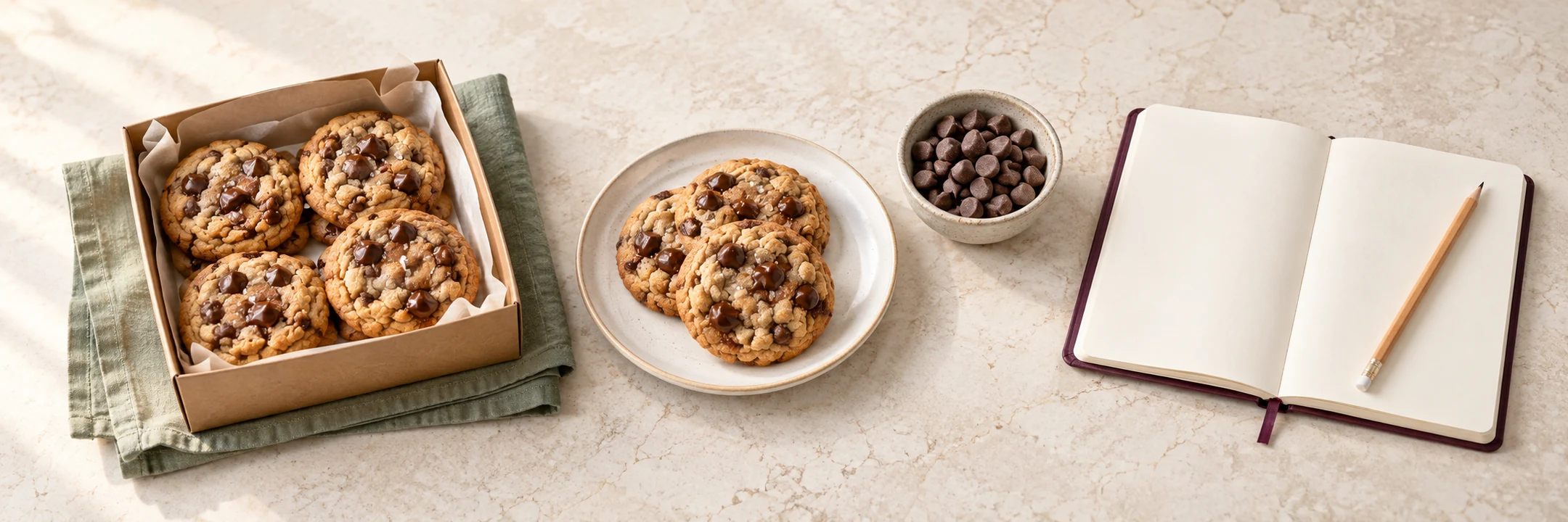 Chocolate-chip cookies in a kraft box and on a ceramic plate beside a blank notebook and pencil on a pale stone counter.