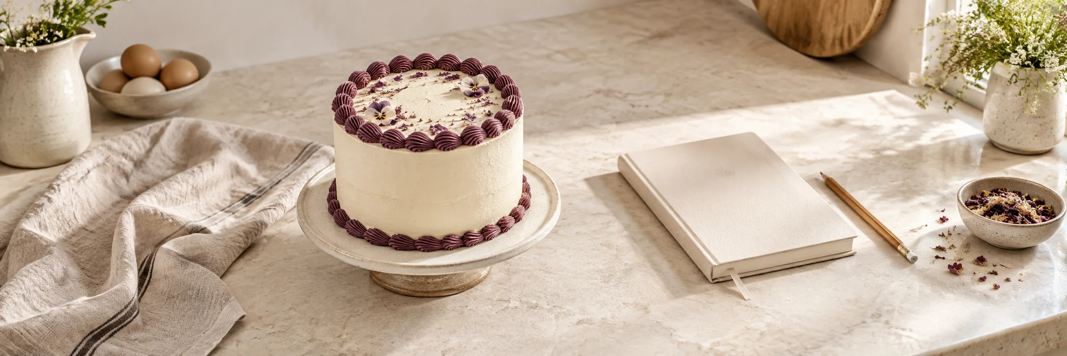 An ivory celebration cake with aubergine piping beside a plain order notebook on a sunlit kitchen counter