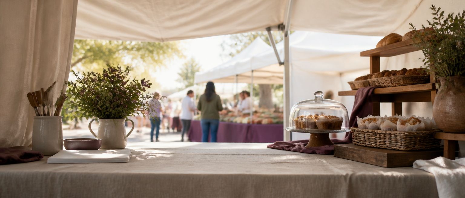 Editorial illustration for Farmers Market Booth Setup for Bakers