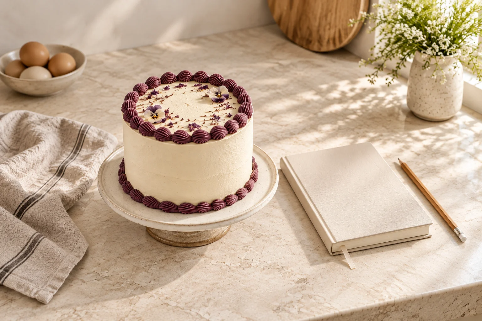 An ivory celebration cake with aubergine piping beside a plain order notebook on a sunlit kitchen counter
