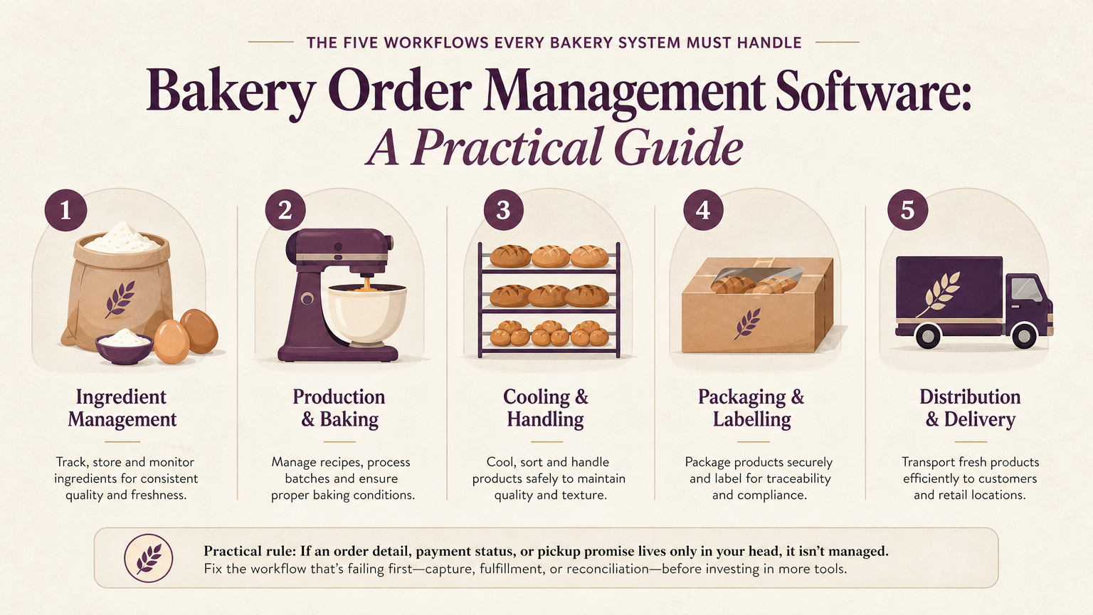 Editorial illustration: The Five Workflows Every Bakery System Must Handle
