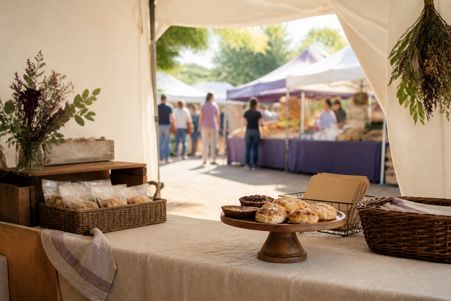 Editorial illustration for Farmers Market Booth Setup for Bakers